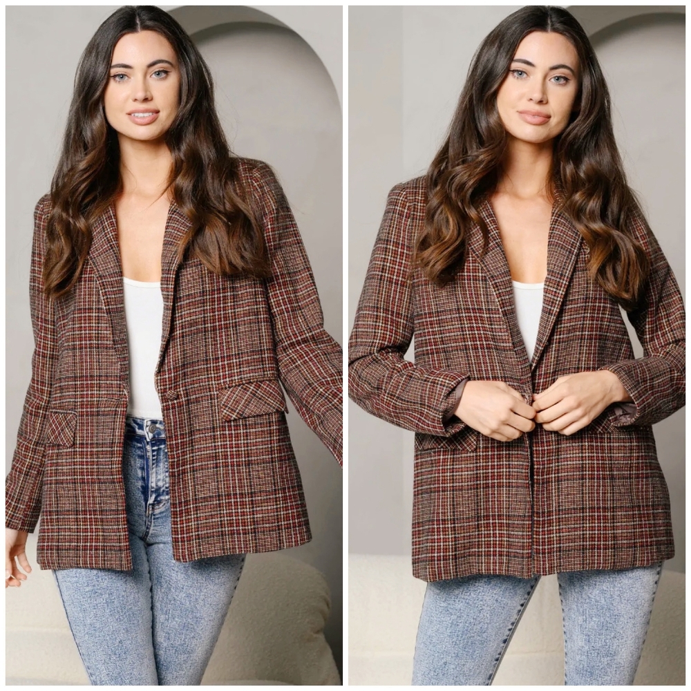 PEACH LOVE CALIFORNIA Vintage Chic Plaid Oversized Blazer - Picture 11 of 12